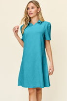 Double Take Quilted Textured Collared Neck Puff Sleeve Dress Trendsi