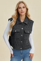 Double Take Pocketed Quilted Textured Snap Down Vest Coat Trendsi