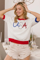 BiBi White USA Metallic Letter Color Block Light Weight Knit Top