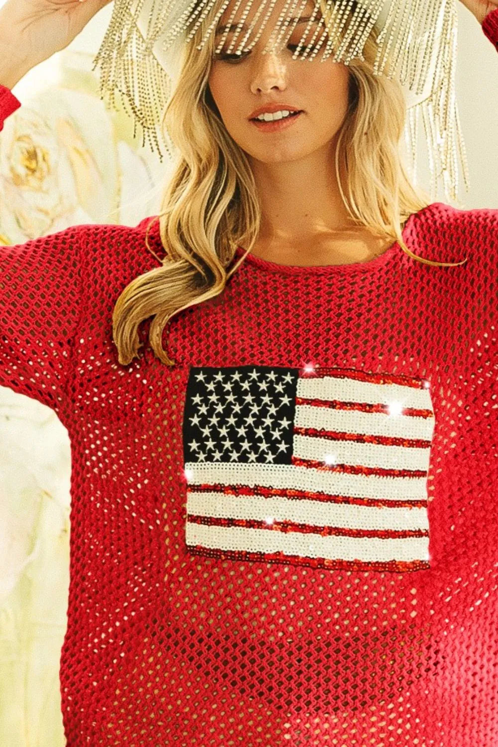 BiBi Red Sequin American Flag Patch Open Knit Cover Up