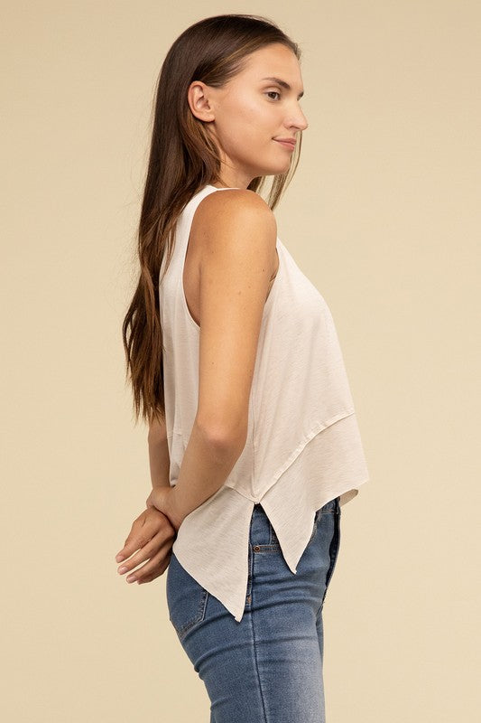 Zenana Shark Bite Side Slit Short Sleeveless Top ZENANA