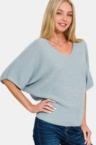 Zenana Blue Grey V-Neck Short Sleeve Dolman Sweater Blue Grey Shirts & Tops