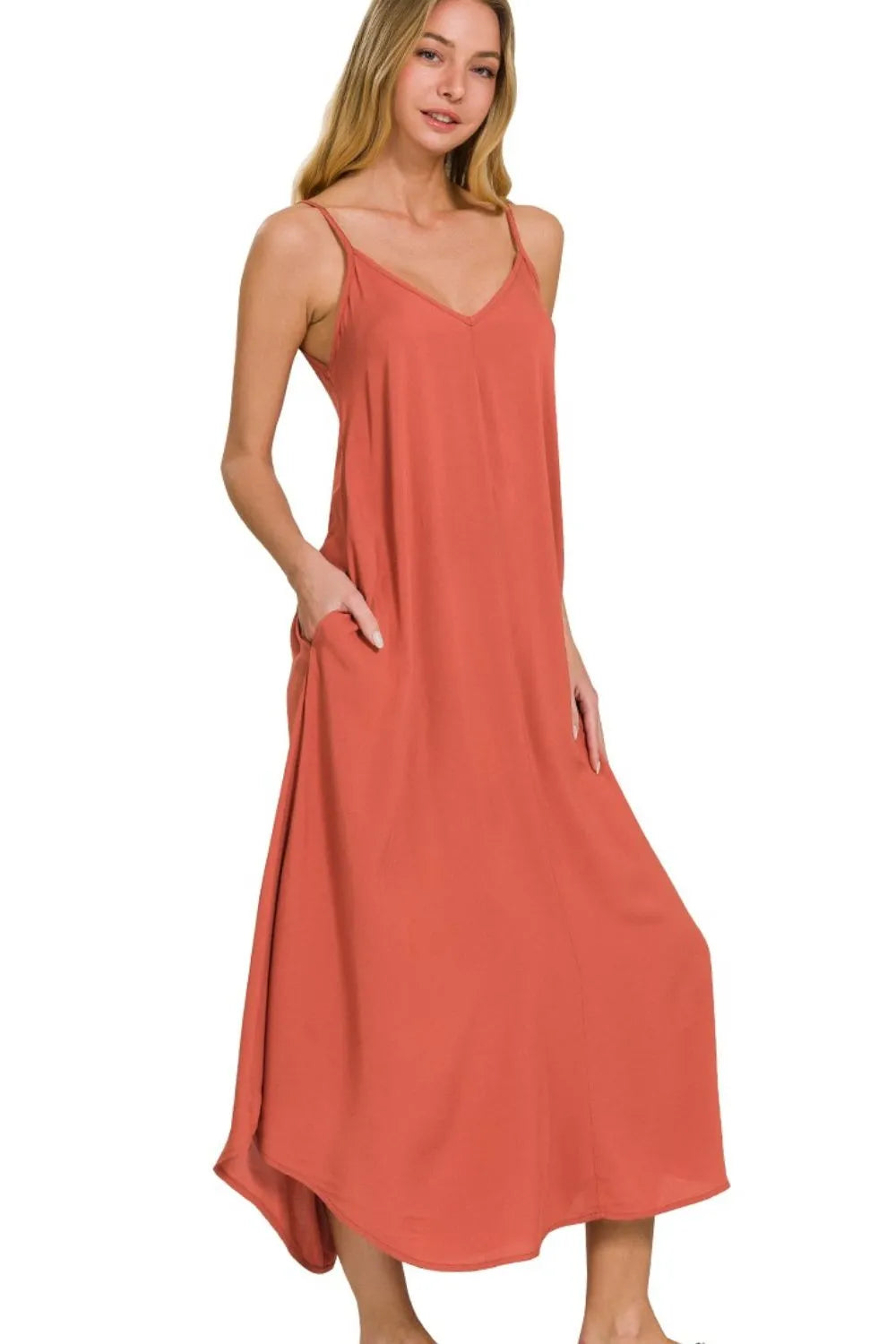 Zenana Rust Woven Arc Hem Cami Midi Dress With Flowy Pockets RUST