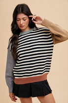 Annie Wear Ivory & Black Striped Color Block Round Neck Sweater Ivory Black