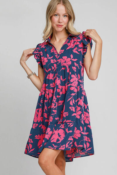 Umgee Navy & Pink Floral Print Ruffle Cap Sleeve Tiered Dress NAVY PINK