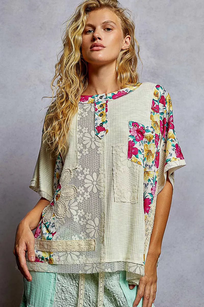 POL Natural Lace Round Neck Short Sleeve Floral Pattern Top with Patch Detail