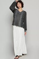 POL Floral Embroidery Woven Top with Lace Trim