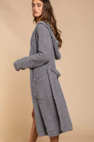 POL Grey Berber Fleece Tie Front Tunic Hooded Cardigan with Pockets