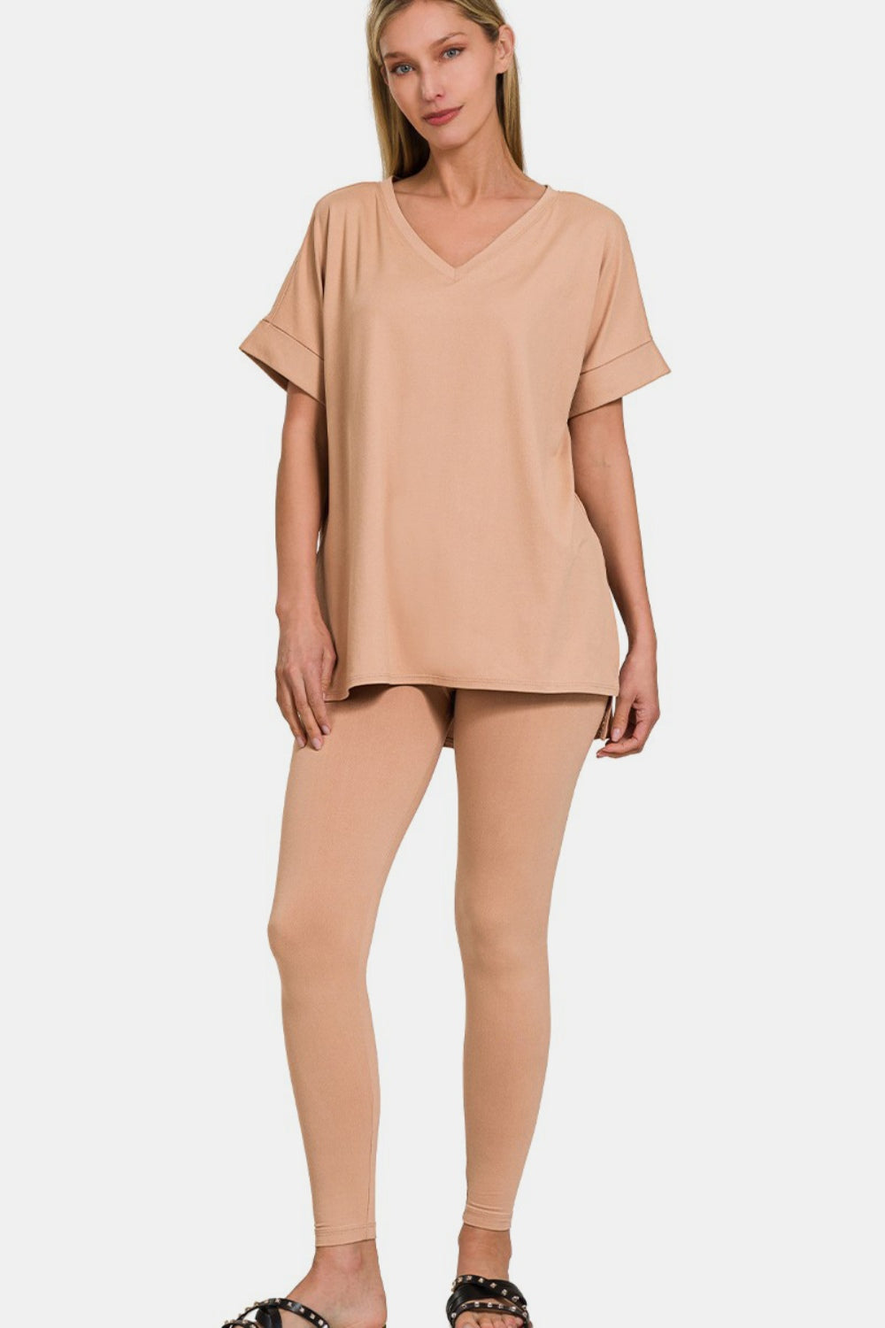 Zenana Brush V-Neck Rolled Short Sleeve T-Shirt and Leggings Lounge Set Brush Trendsi