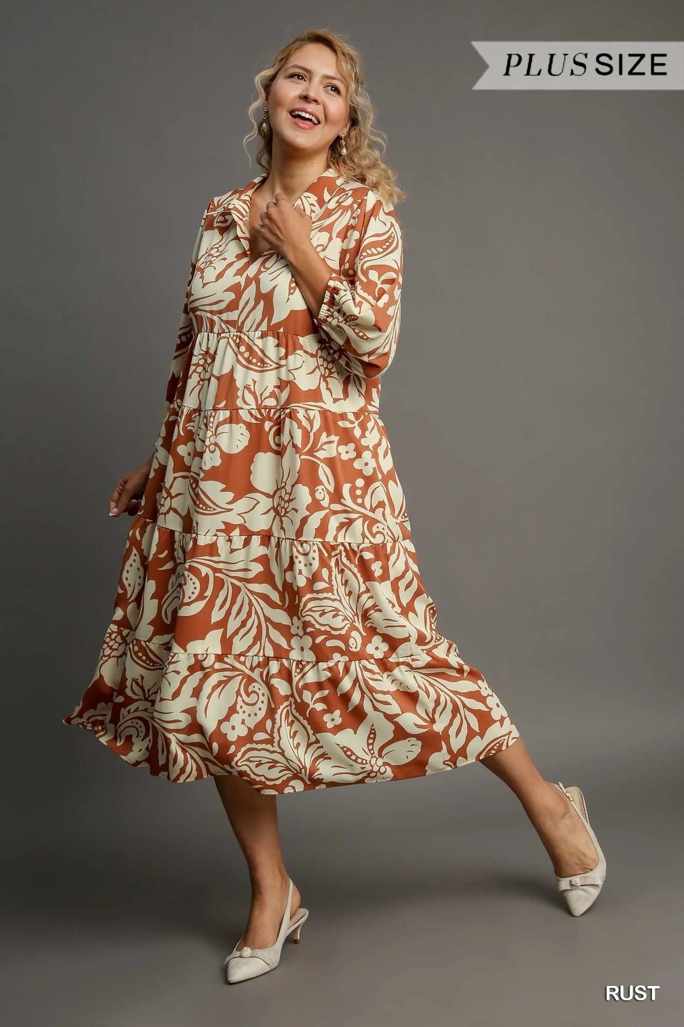 Umgee Rust Floral Tiered Midi Dress