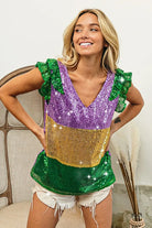 BiBi Mardi Gras Sequin Color Block Ruffled Top