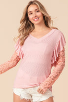 BiBi Blush Pink Ruffled Lace Sleeve Rib Knit Top Trendsi