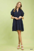 Umgee Navy Textured Tiered Ruffle Collar Mini Dress NAVY