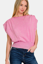 Zenana Candy Pink Washed Boat Neck Bottom Banded Dolman Sleeve Top Candy Pink Trendsi