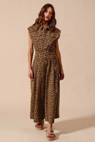 SO ME Wide Leg Leopard Twill Overalls Jumpsuit with Tuck Pleats