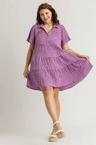 Umgee Red Violet Gingham Tiered Button Detail Short Sleeve Dress