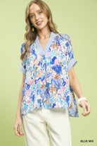 Umgee Blue Mix Boho Printed V-Neck Blouse BLUE MIX