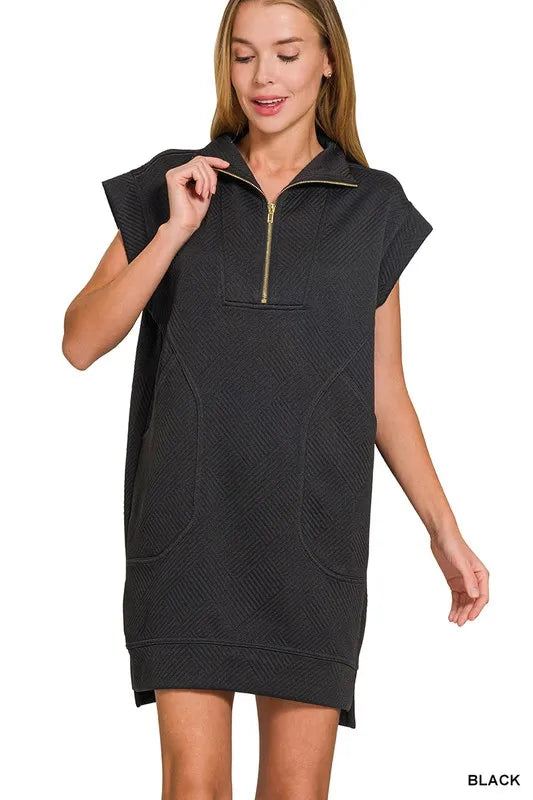 Zenana Black Textured Knit Jacquard Quarter Zipper Mini Dress BLACK