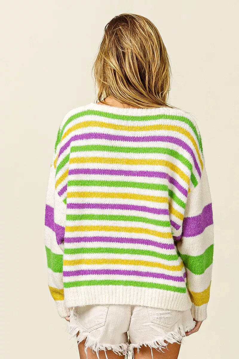 BiBi Ivory Mardi Gras Colors Stripe Comfy Sweater