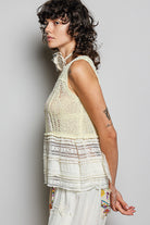 POL Lemon V-Neck Crochet Sweater Vest with Lace Trim