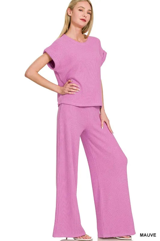Zenana Mauve Rolled Sleeve Top and Pants Sweater Set MAUVE