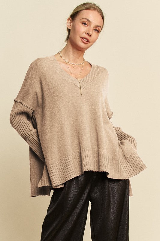 Davi & Dani Tan Ribbed Side Slit V-Neck Sweater Tan