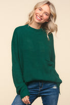 Haptics Hunter Green Mock Neck Side Slit Knitted Sweater Trendsi