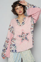 POL Blush Pink Floral Stud Detail Star Patch Notched Long Sleeve T-Shirt