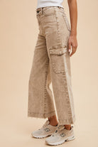 Annie Wear Washed Camel Raw Hem Wide Leg Jeans with Cargo Pockets