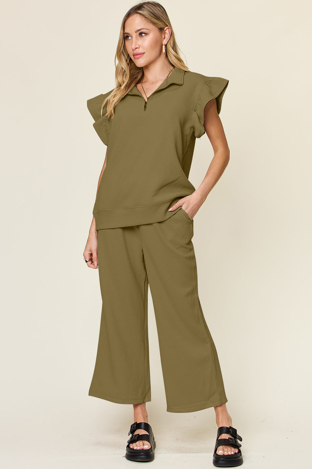 Double Take Quilted Textured Ruffle Short Sleeve Top and Drawstring Wide Leg Pants Set Olive Trendsi