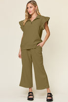 Double Take Quilted Textured Ruffle Short Sleeve Top and Drawstring Wide Leg Pants Set Olive Trendsi