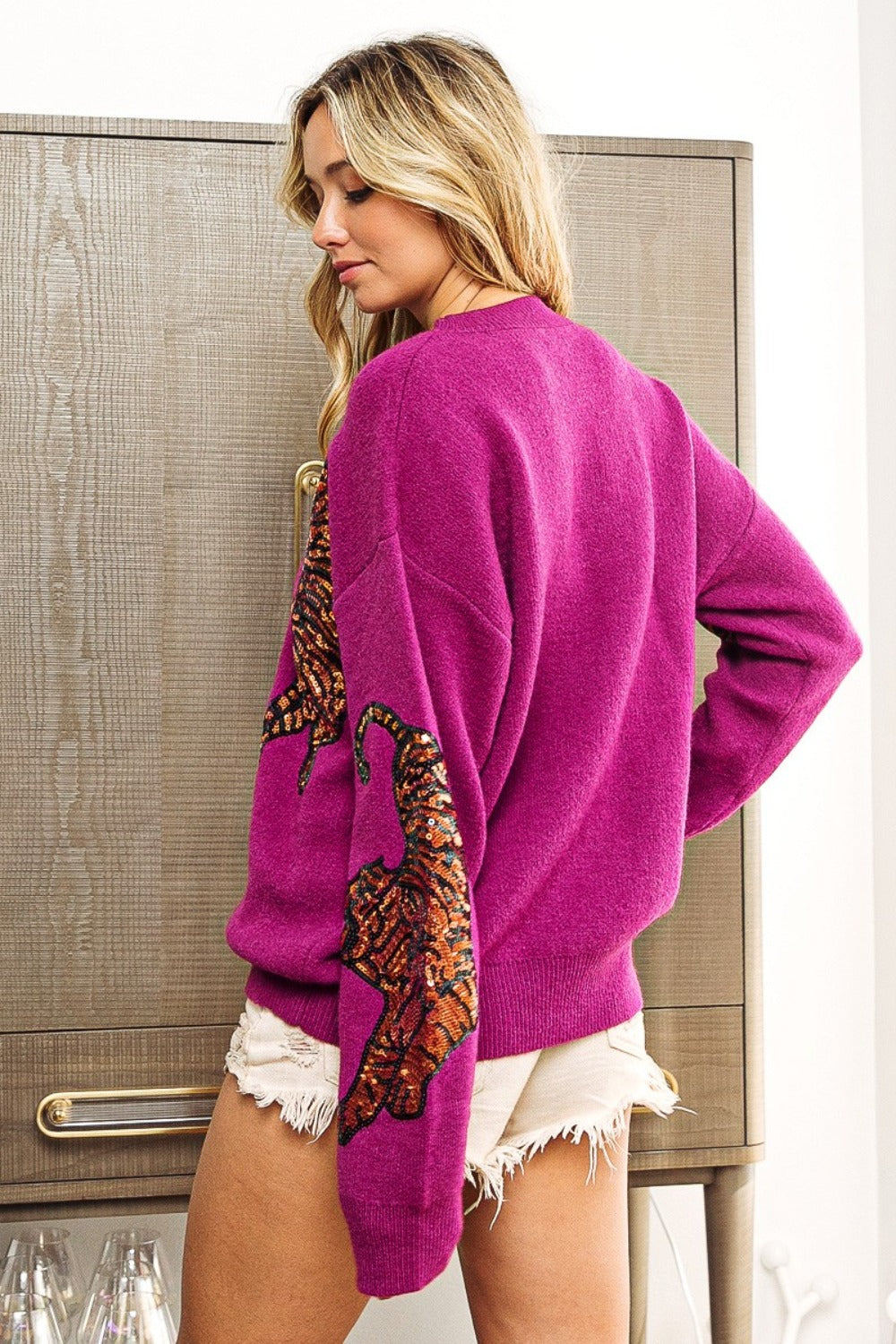 BiBi Plum Sequin Tiger Embroidery Sweater Trendsi