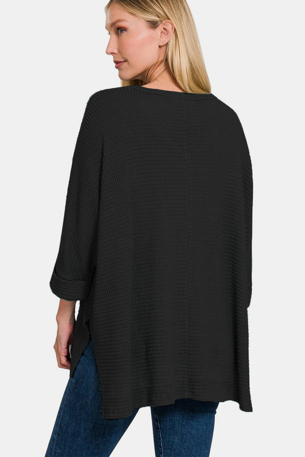 Zenana Black Waffle Knit V-Neck Long Sleeve Slit Top