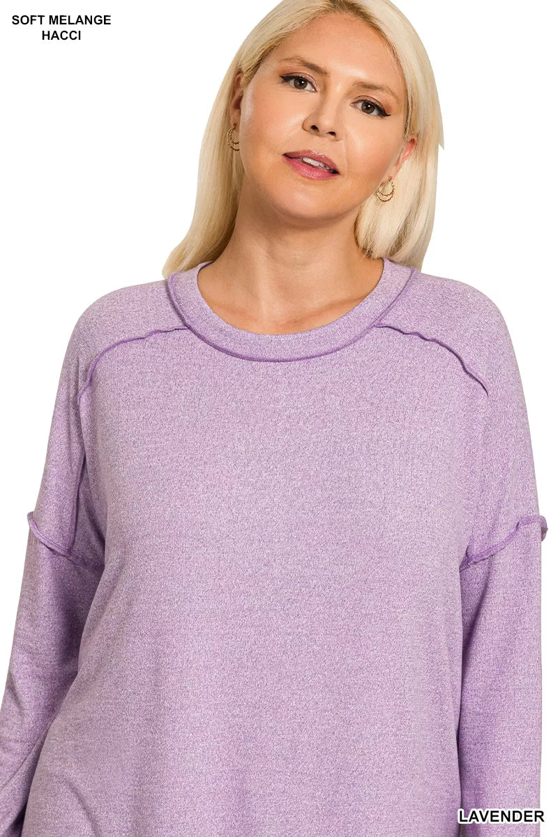 Zenana Lavender Melange Hacci Exposed Seam Hi-low Top
