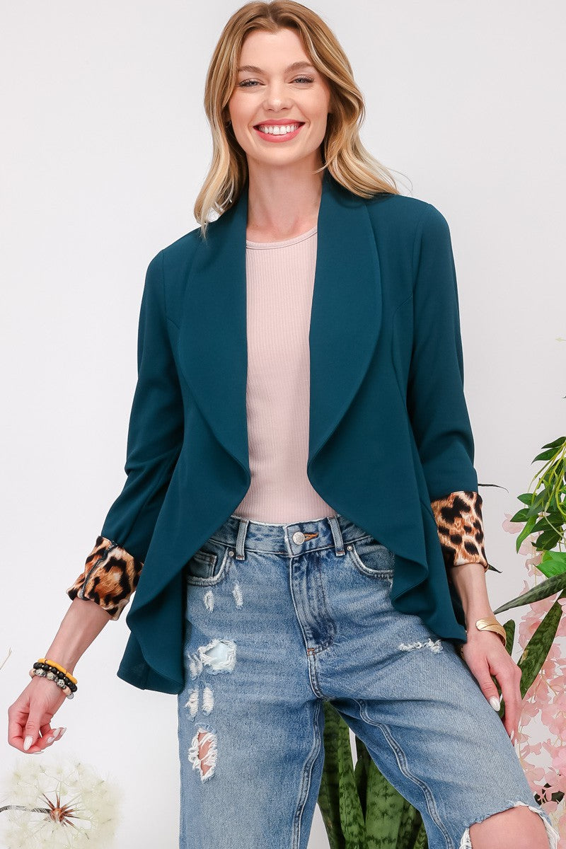 Celeste Hunter Green Rolled Leopard Cuff Open Front Blazer Hunter Green Trendsi