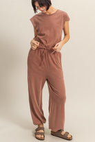 HYFVE Brown Back Keyhole Round Neck Cap Sleeve Drawstring Jumpsuit Brown