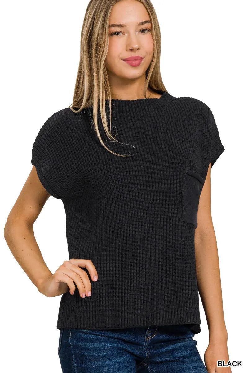 Zenana Black Mock Neck Short Sleeve Sweater BLACK