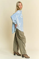 Davi & Dani Lightweight Denim Washed Daisy Patch Waffle Knit Shirt