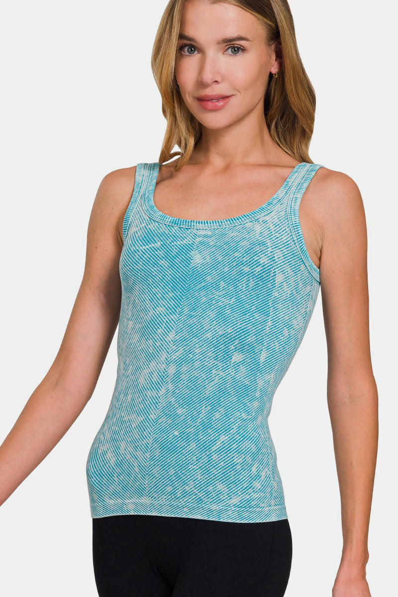 Zenana Ice Blue Stone Washed Ribbed Scoop Neck Tank Top Ice Blue