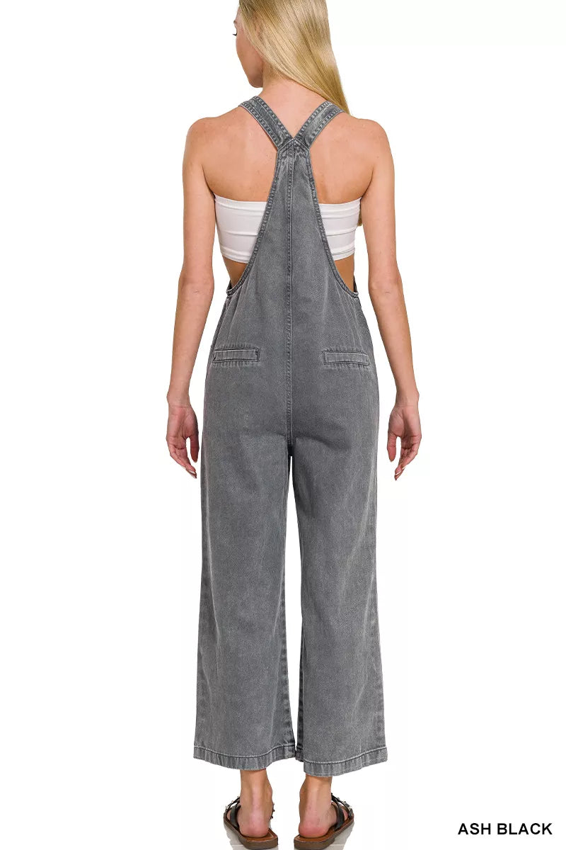 Zenana Ash Black Washed Knot Strap Pockets Jumpsuit