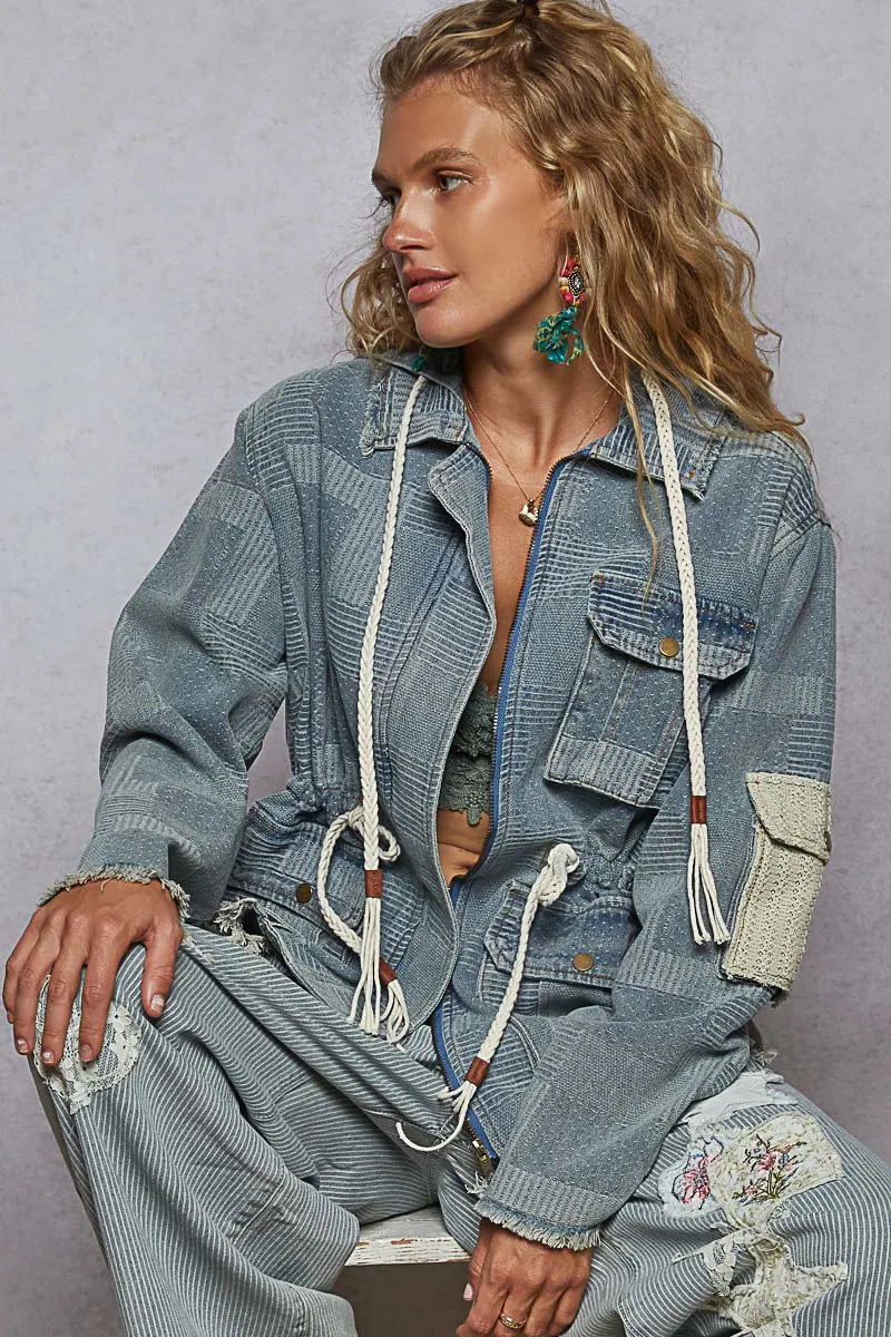 POL Raw Hem Drawstring Zip Up Hooded Denim Jacket Dusty Blue