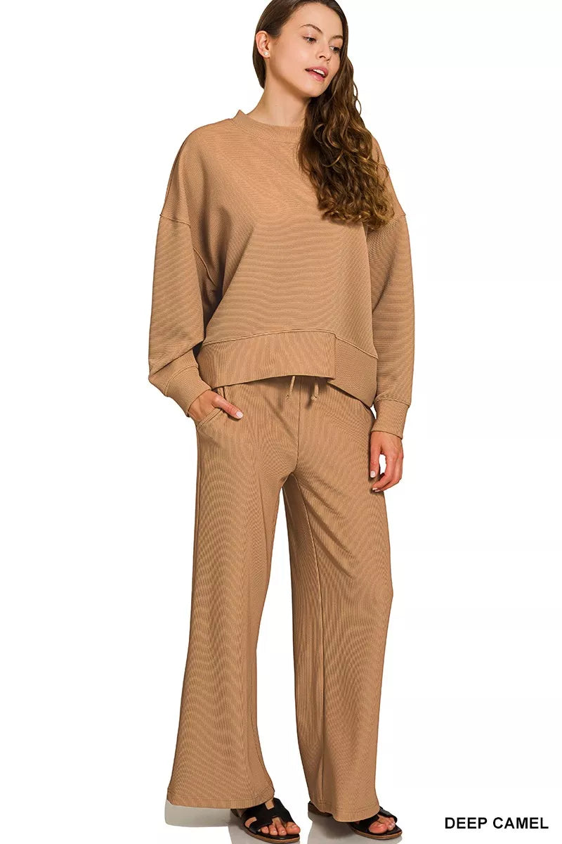 Zenana Deep Camel Ribbed Round Neck Pullover and Drawstring Pants Set