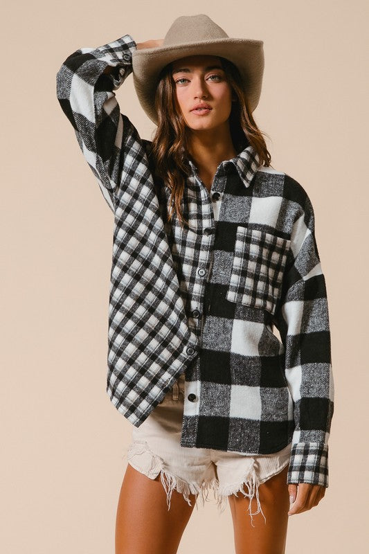 BiBi Mixed Plaid Fleece Button Down Long Sleeve Shirt Shirts & Tops