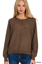 Zenana Heather Brown Viscose Front Seam Round-Neck Sweater H BROWN