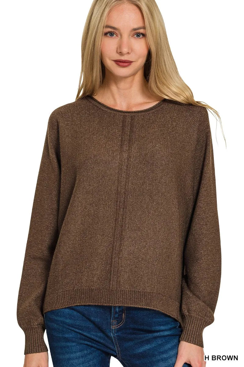 Zenana Heather Brown Viscose Front Seam Round-Neck Sweater H BROWN
