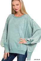 Zenana Ash Blue Acid Washed Batwing Sleeve Fleece Sweatshirt ASH BLUE