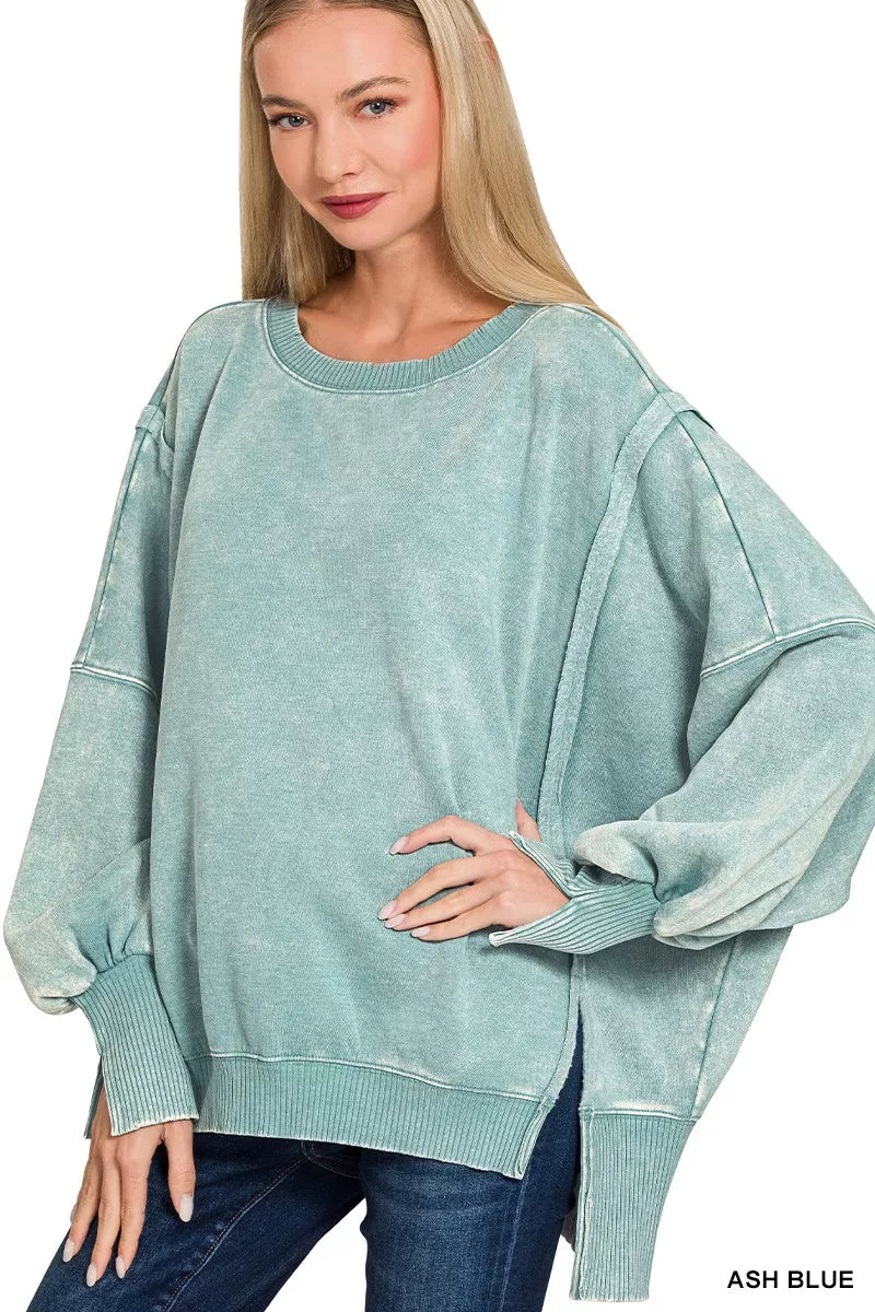 Zenana Ash Blue Acid Washed Batwing Sleeve Fleece Sweatshirt ASH BLUE