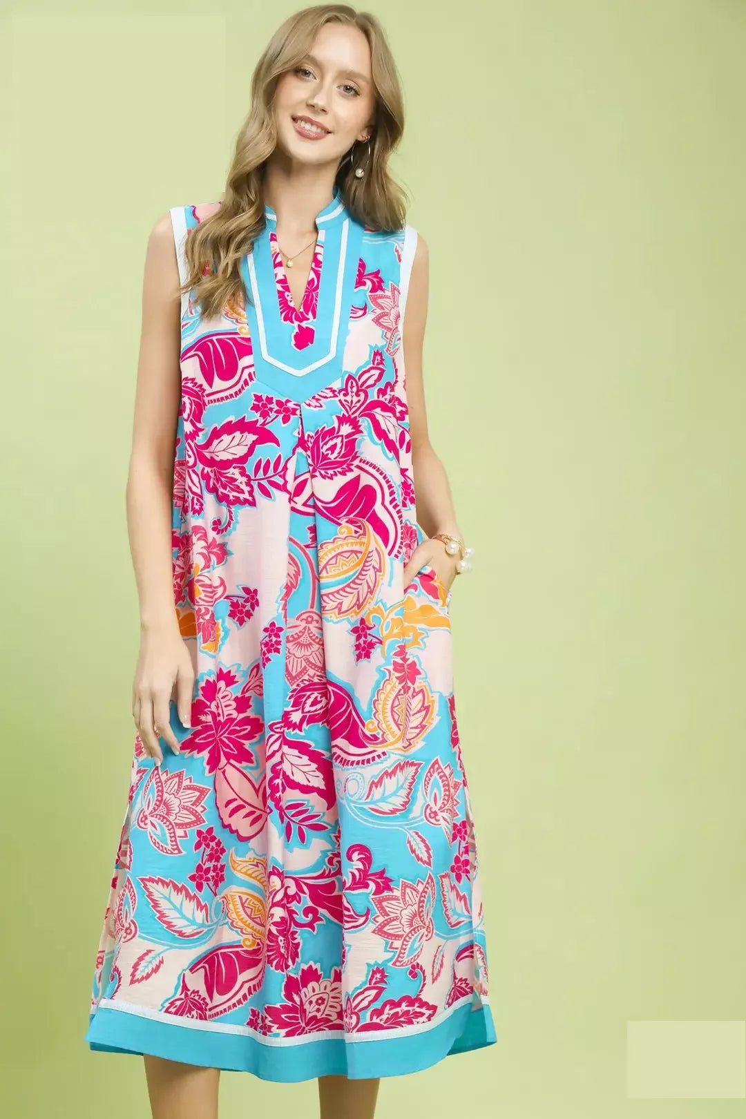 Umgee Floral Sleeveless Midi Dress with Side Pockets BLUE