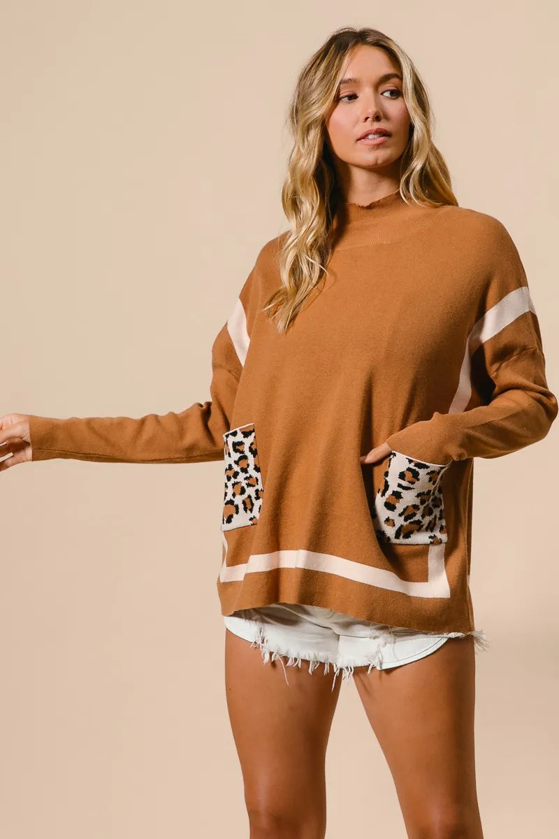 BiBi Camel Mock Neck Sweater with Leopard Pocket