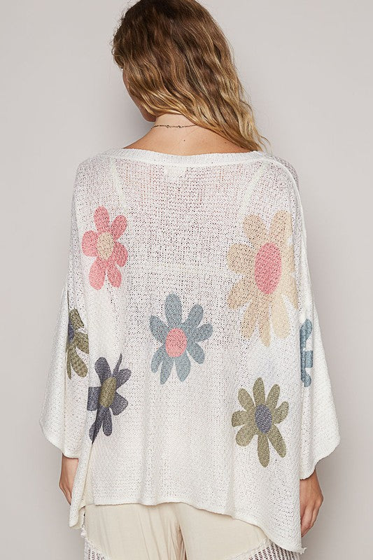 POL White Flower Dropped Shoulder Long Sleeve Knit Top Shirts & Tops